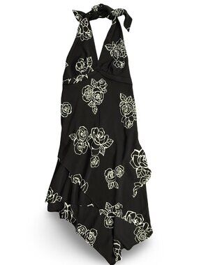 Vtg S.L. Fashions Floral Halter Dress Y2K Women 8P Black Whimsigoth Asymmetric